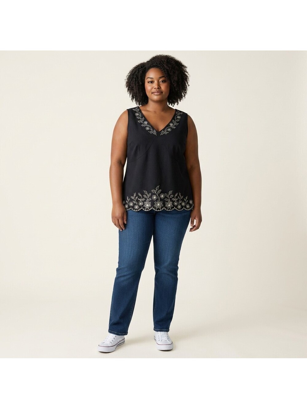 Studio I Blouse Women 16W Plus Black Floral V-Neck Sleeveless Wide Strap Casual